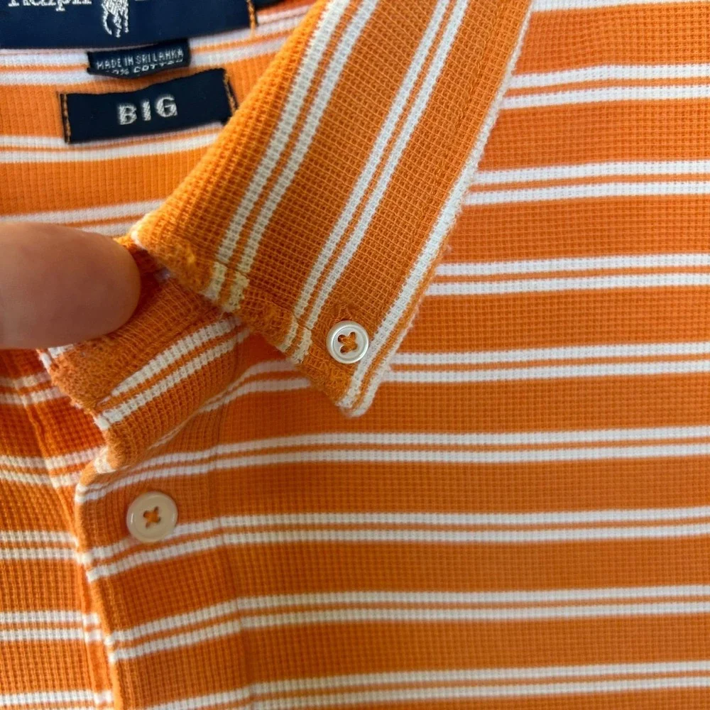 Ralph Lauren Mens Big Large Waffle Knit Polo Orange White Striped Shirt